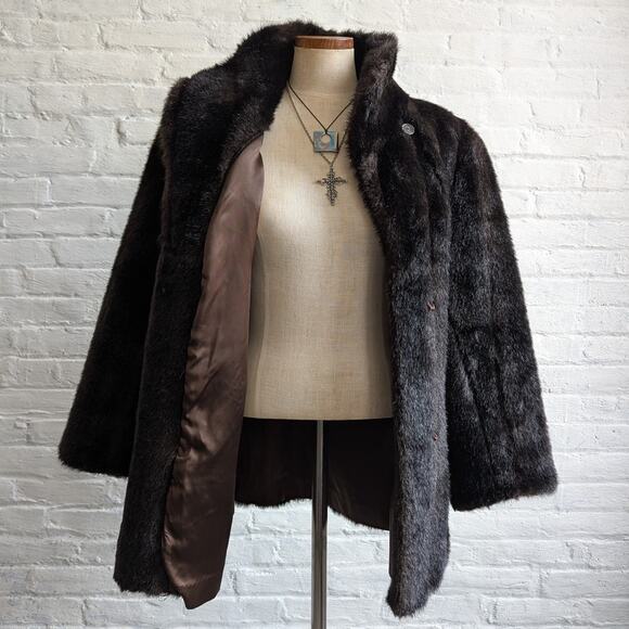 Vintage Brown Faux Fur Coat Plush Minimalist Mob Wife Fuzzy Glam Goth Jacket - Picture 3 of 10
